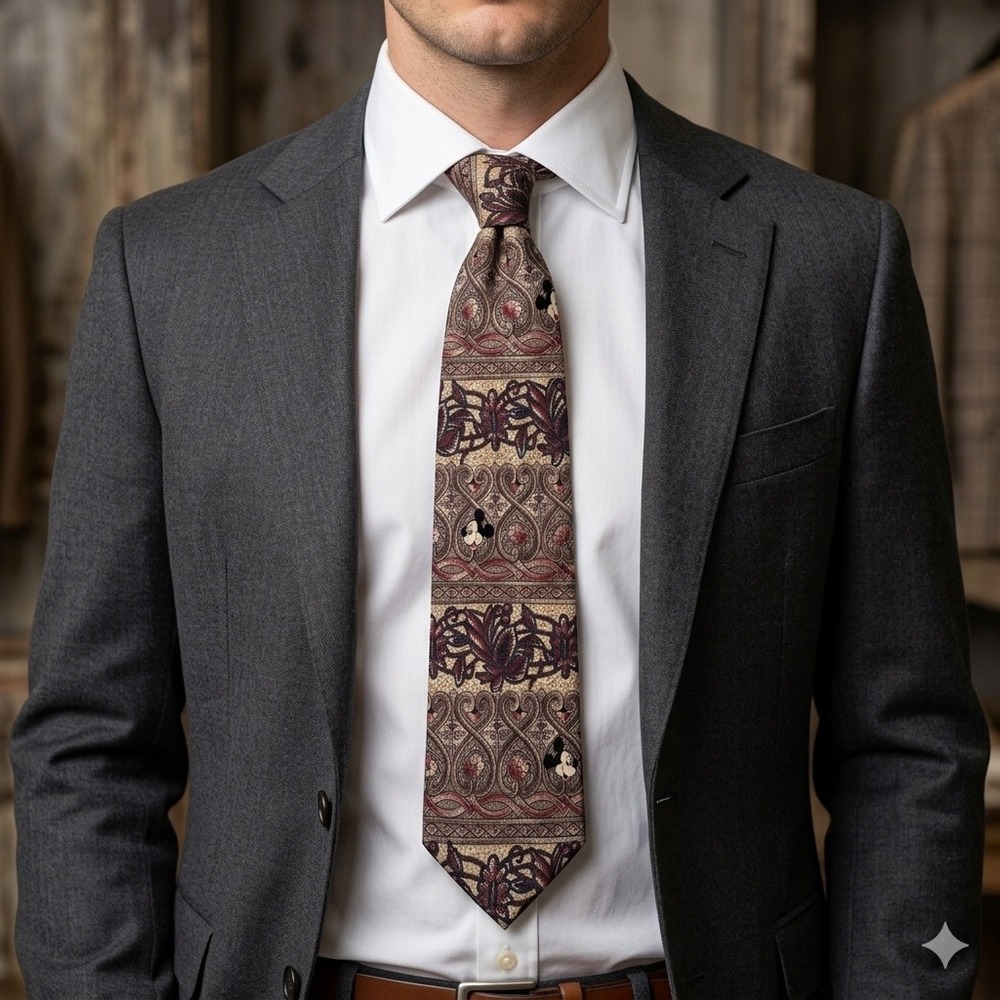 Mickey Inc Disney Mens Silk Tie Vintage Paisley Floral Burgundy Tan Mickey Mouse